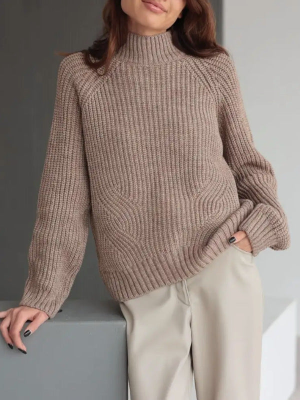Damen Strickpullover Loose Fit Rollkragen Raglanärmel