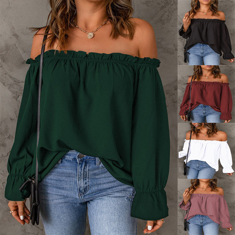 Damen Off-Shoulder Bluse Volantärmel Dekorativer Saum Eveloria - Eveloria