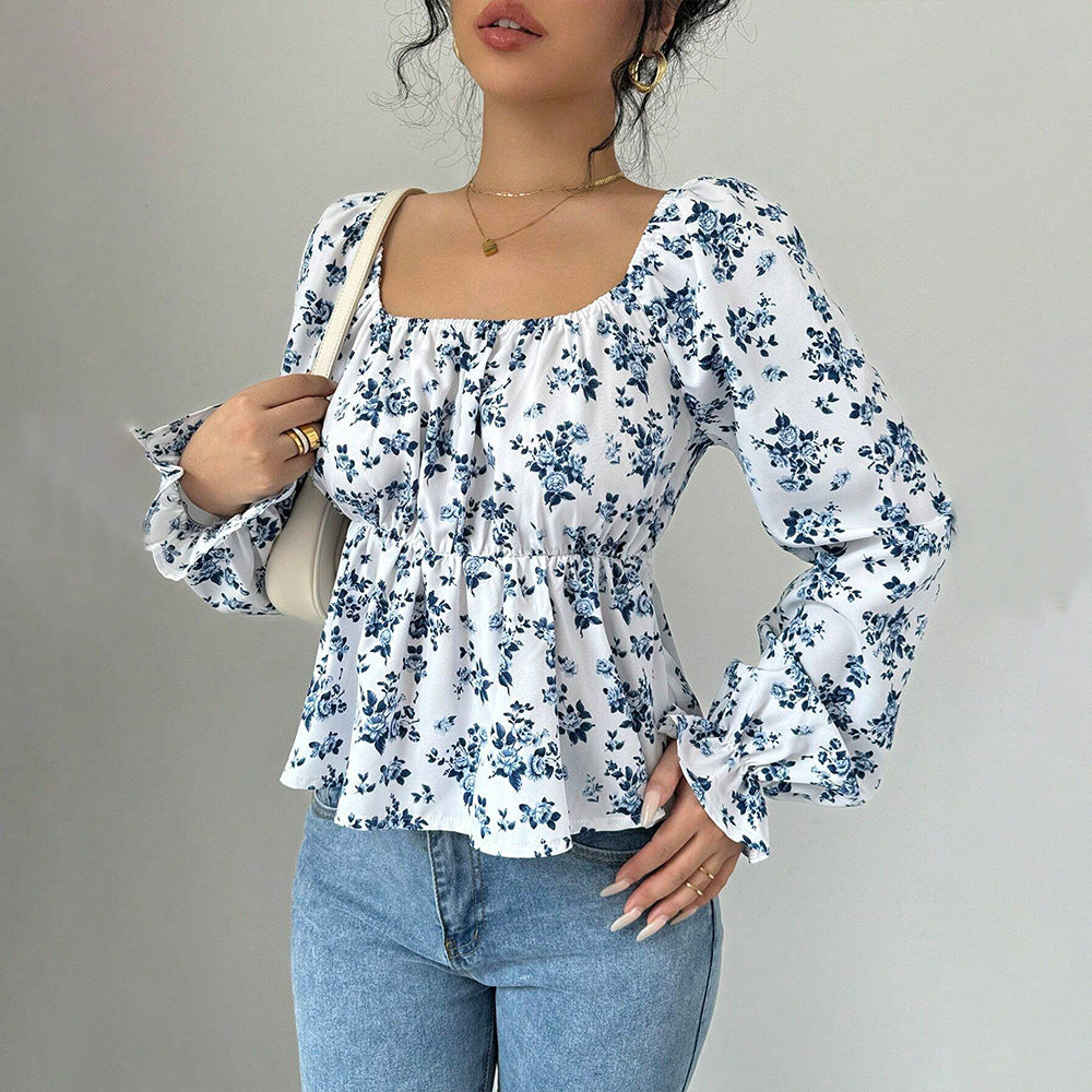 Damen Bluse Floralmuster Voluminöse Ärmel Eveloria