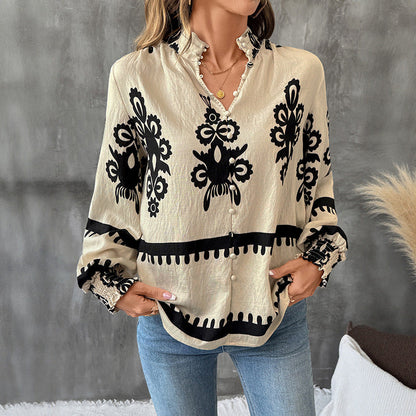 Damen Bluse Botanischer Druck Puffärmel Eveloria