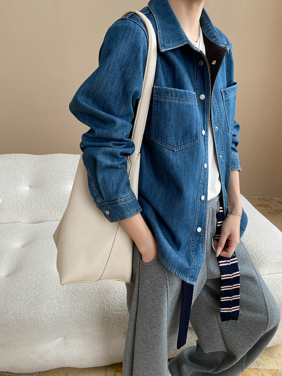 Damen Denimjacke Lässig Aufgesetzte Taschen Blau Eveloria