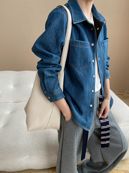 Damen Denimjacke Lässig Aufgesetzte Taschen Blau Eveloria