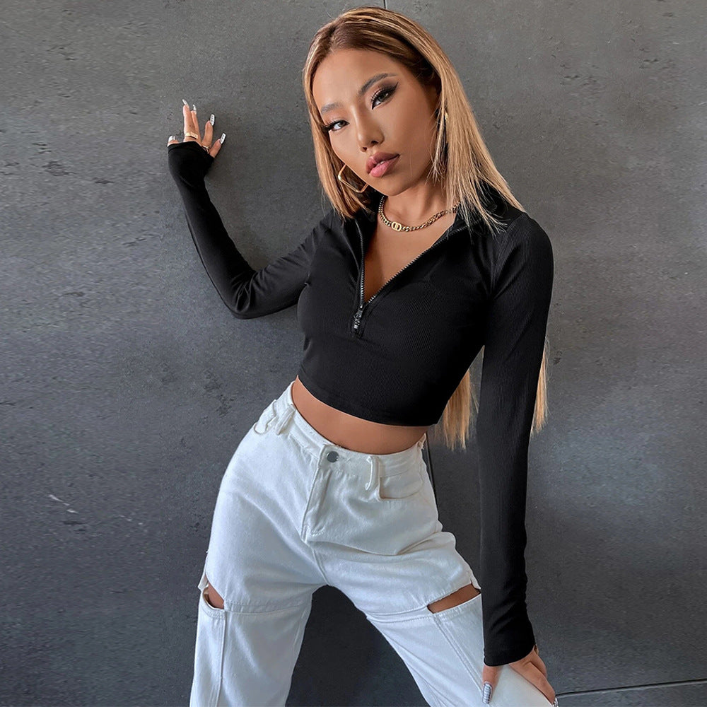Damen Langarmshirt Cropped mit Reißverschluss Eveloria