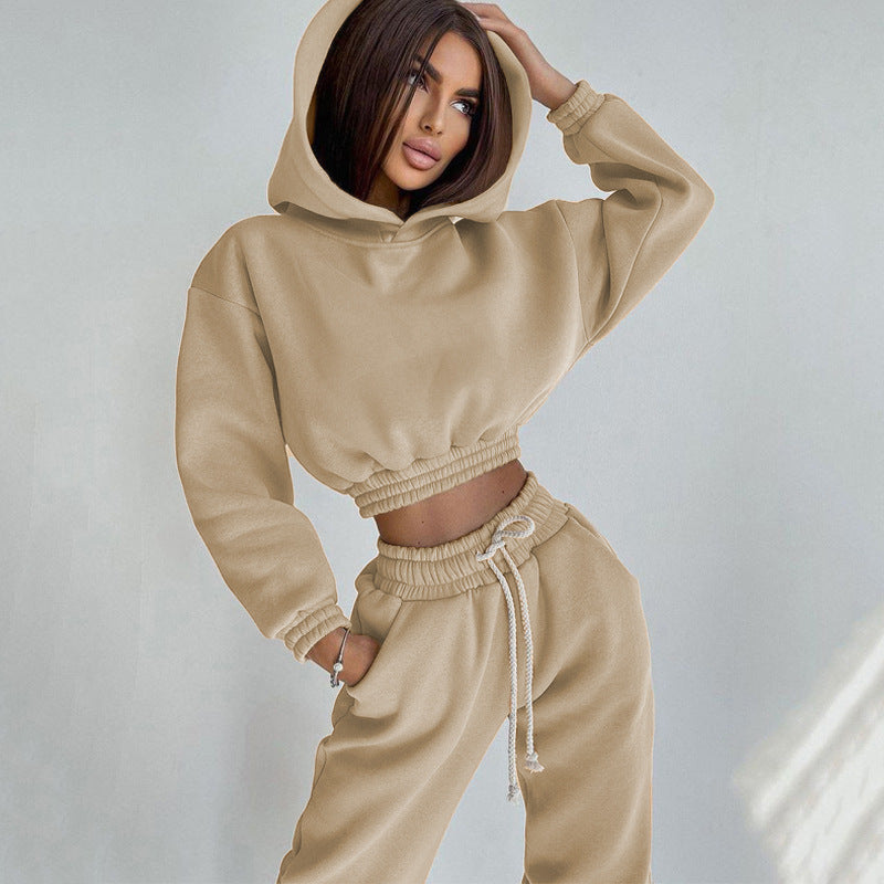 Damen Sportliches Loungewear-Set Sweatstoff Kapuze Elastisch Schwarz - Eveloria