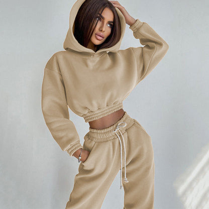 Damen Sportliches Loungewear-Set Sweatstoff Kapuze Elastisch Schwarz - Eveloria