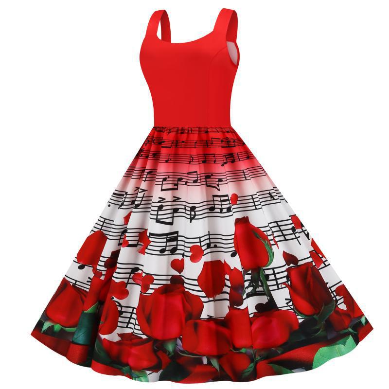 Damen Swingkleid Rosenmuster Weit Rock