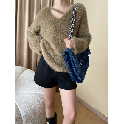 Damen Pullover V-Ausschnitt Weiches Material Beige - Eveloria
