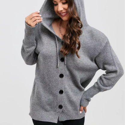 Damen Kapuzenjacke Kuschelig Große Knöpfe Lässiger Schnitt Schwarz - Eveloria