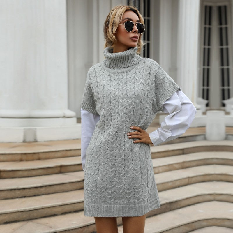 Damen Strickkleid Hochkragen Zopfmuster Eveloria