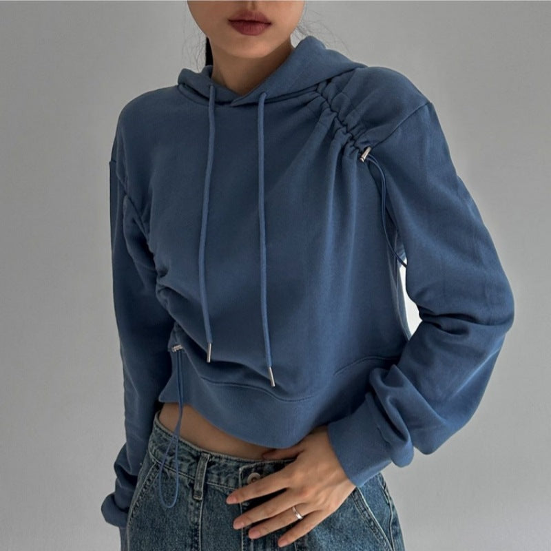 Damen Cropped Kapuzenpullover Verstellbarer Kordelzug Grau Eveloria - Eveloria