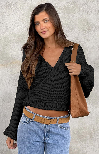 Damen Wickelpullover V-Ausschnitt Voluminöse Ärmel Eveloria