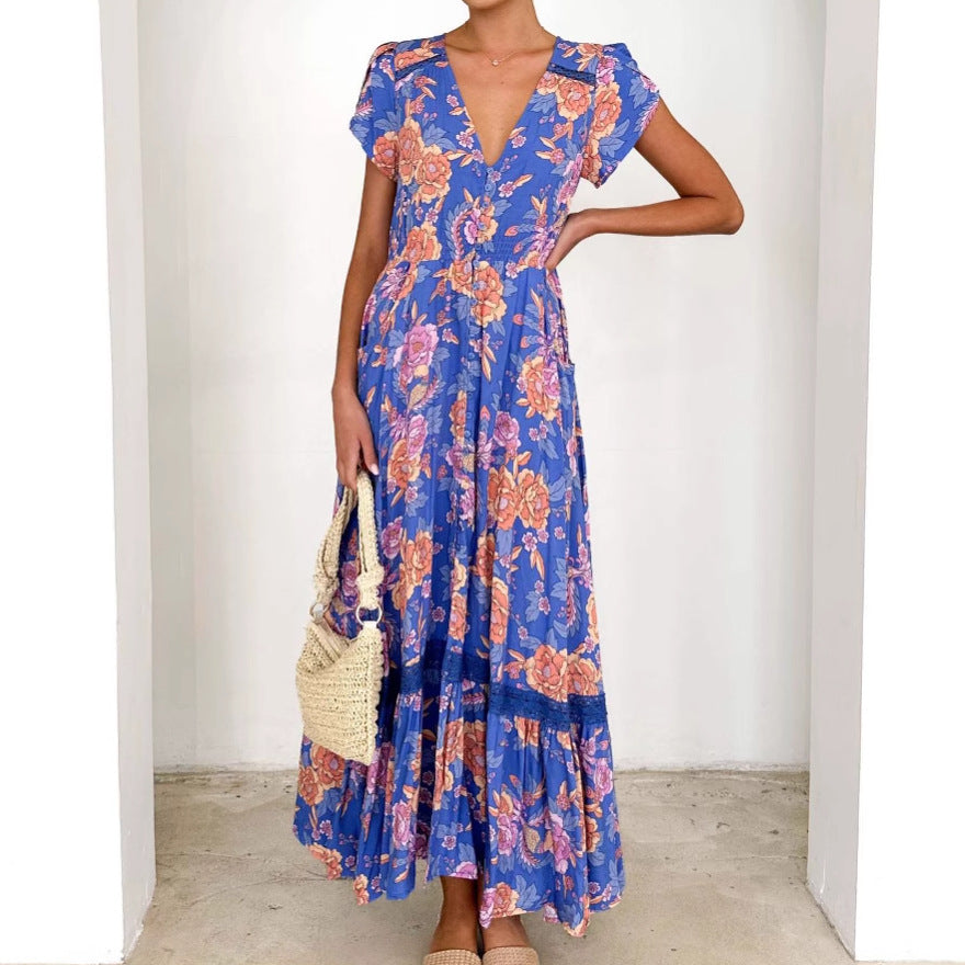 Damen Maxikleid Floralmuster V-Ausschnitt - Eveloria