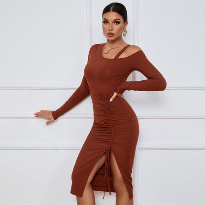 Damen Rippkleid One-Shoulder Ausschnitt Raffung