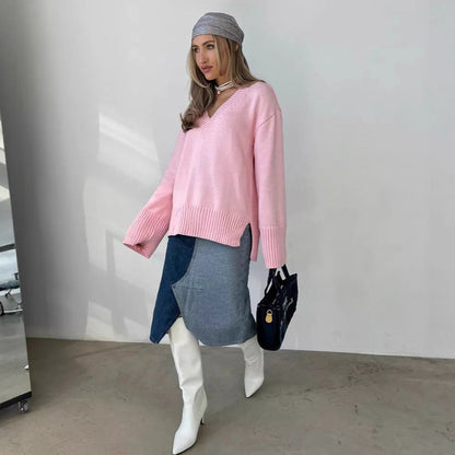 Damen Strickpullover V-Ausschnitt Lässig Eveloria