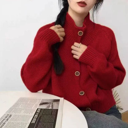 Damen Strickjacke Hochkragen Knopfdesign