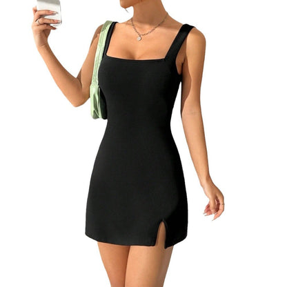 Damen Minikleid Quadrat-Ausschnitt Seitenschlitz Eveloria