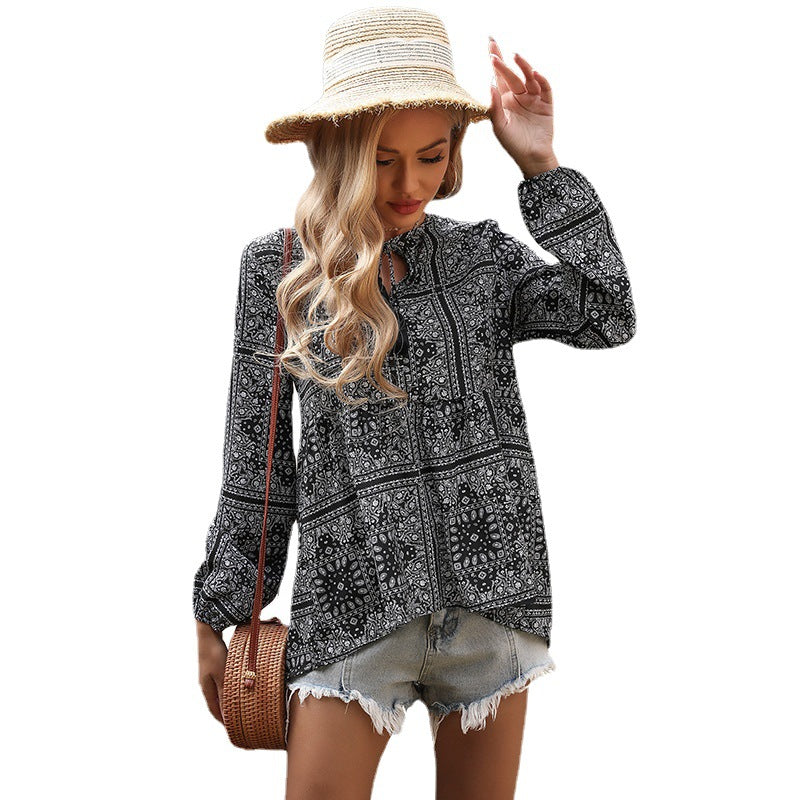 Damen Bluse V-Ausschnitt Verspielt Muster Blau Eveloria
