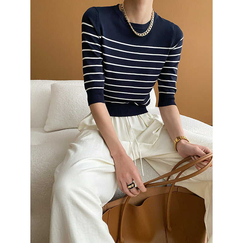 Damen Pullover Gestreift Rundhalsausschnitt Slimfit - Eveloria