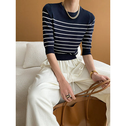Damen Pullover Gestreift Rundhalsausschnitt Slimfit - Eveloria