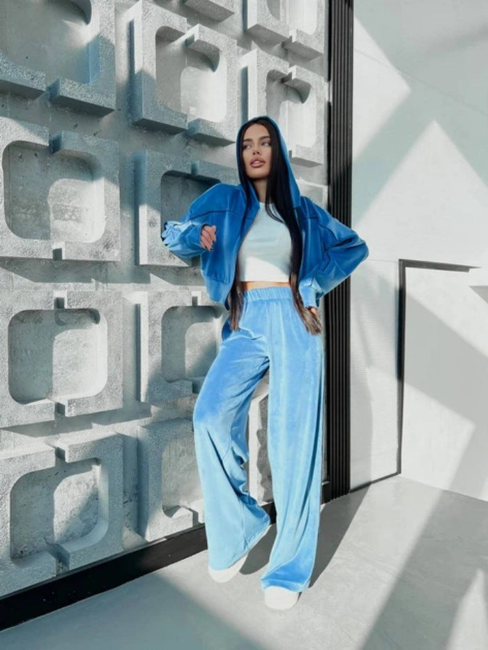 Damen Velours Loungewear Set Kurz Hoodie Weites Bein
