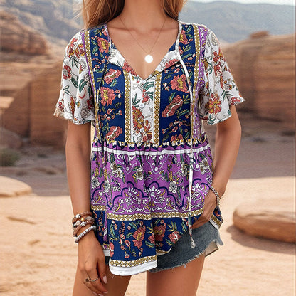 Damen Tunika Boho Floralmuster Luftige Ärmel Eveloria