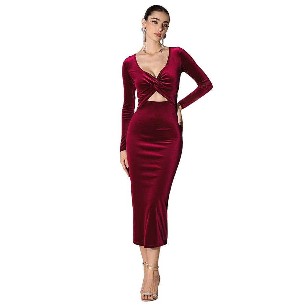 Damen Wickelkleid Samt tiefem Ausschnitt Tailleneinsatz