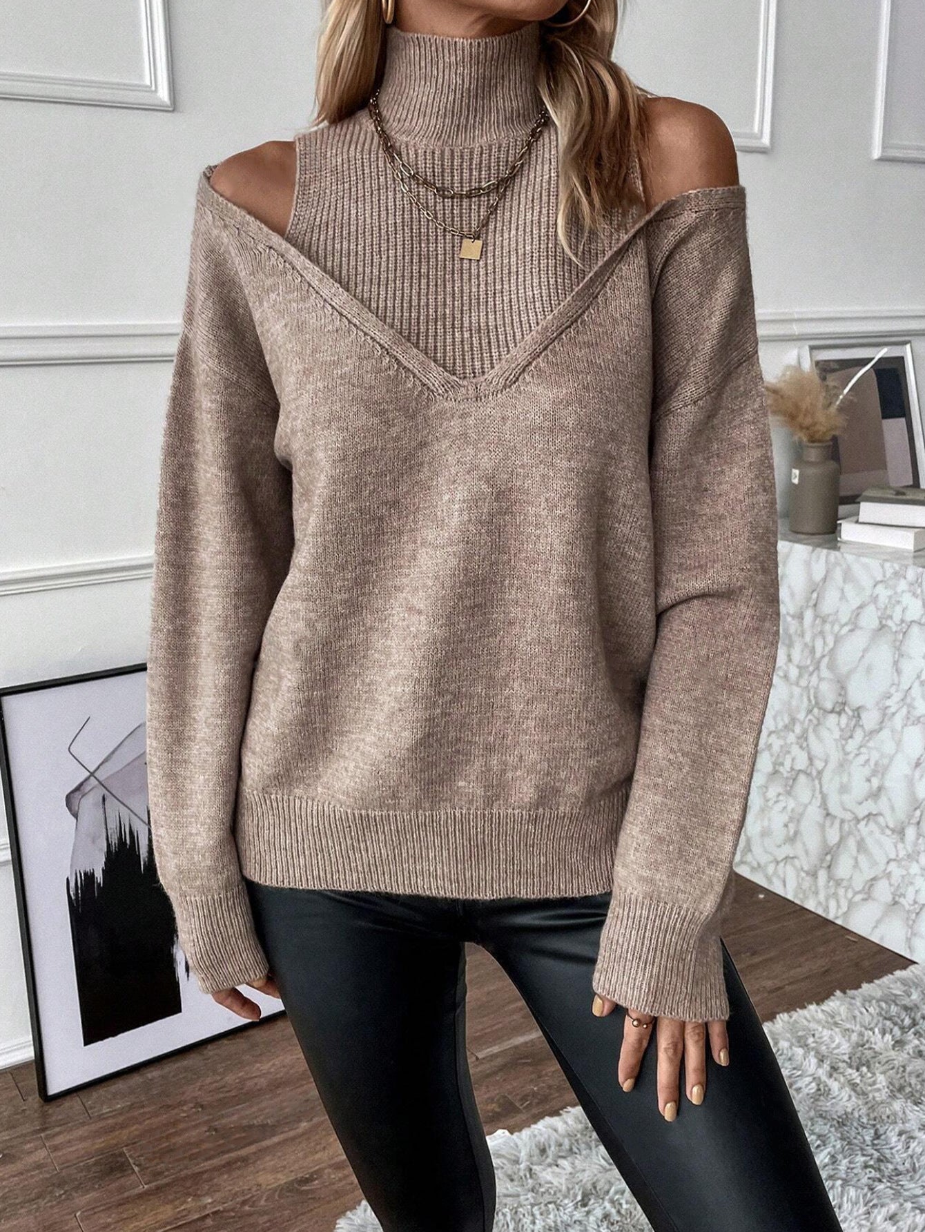 Damen Rollkragenpullover Off-Shoulder Strick