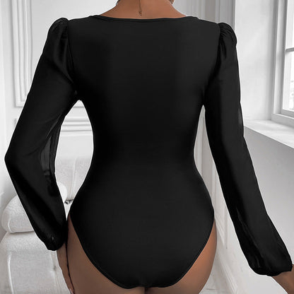 Damen Body mit Puffärmeln und V-Ausschnitt