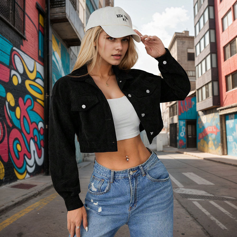 Damen Cropped Cordjacke mit Taschen Braun
