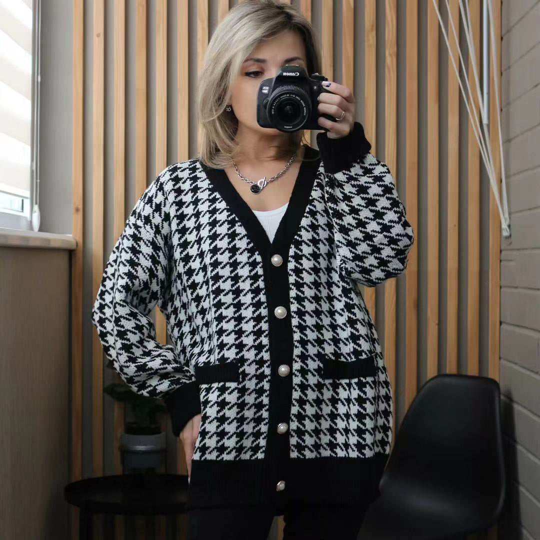 Damen Strickcardigan Hahnentrittmuster Große Knöpfe Schwarz - Eveloria