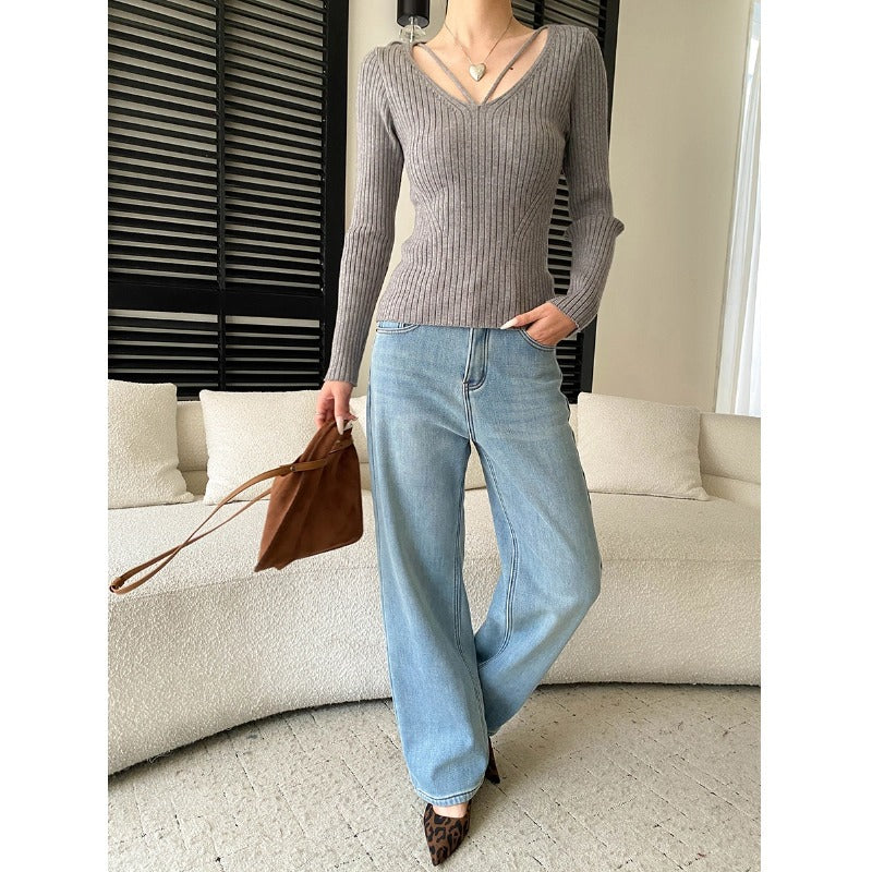 Damen Rippstrickpullover V-Ausschnitt Länge Ärmel Eveloria