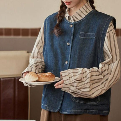 Damen Denimweste Mit Knopfverschluss Und Taschen Blau Eveloria