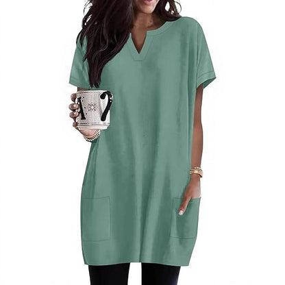 Damen Tunika-Kleid V-Ausschnitt Taschen Eveloria