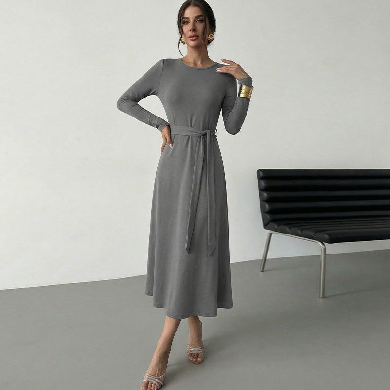Damen Midikleid Tailliert Gürtel Langer Arm Eveloria - Eveloria