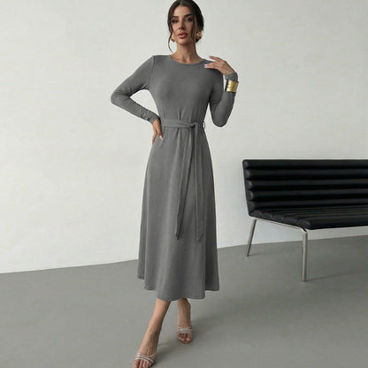 Damen Midikleid Tailliert Gürtel Langer Arm Eveloria - Eveloria