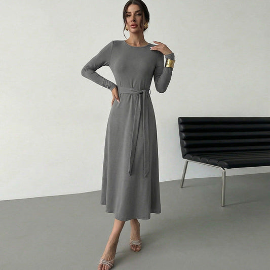 Damen Midikleid Tailliert Gürtel Langer Arm Eveloria - Eveloria