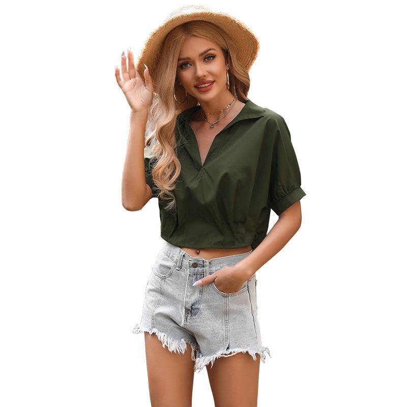 Damen Bluse Kurzarm V-Ausschnitt Lässig Modern Eveloria