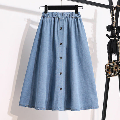 Damen Denim-Rock Lang Dekorative Druckknöpfe Blau