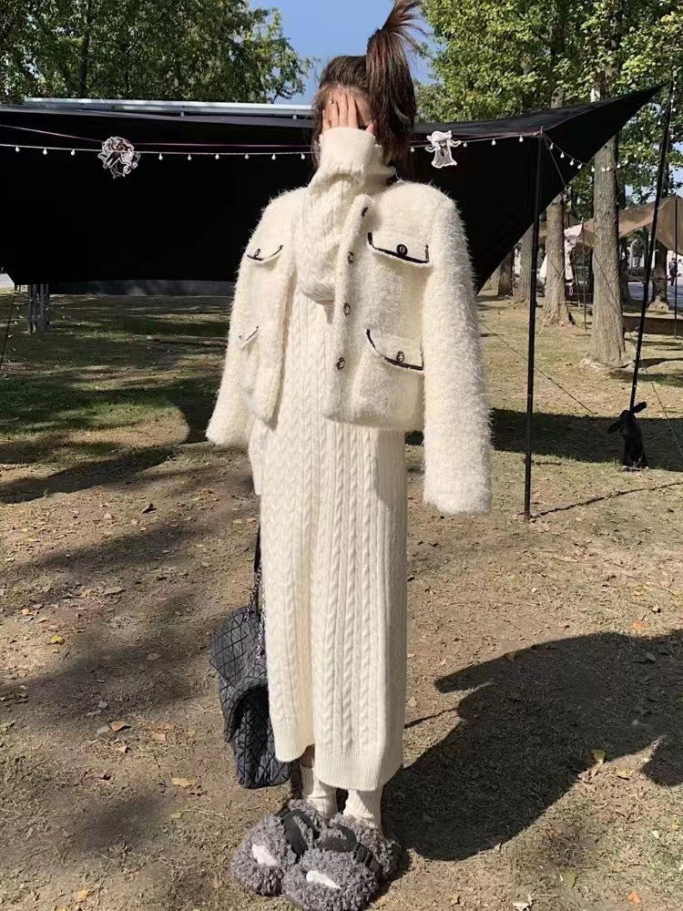 Damen Langkleid Strick Zopfmuster Hochkragen Eveloria