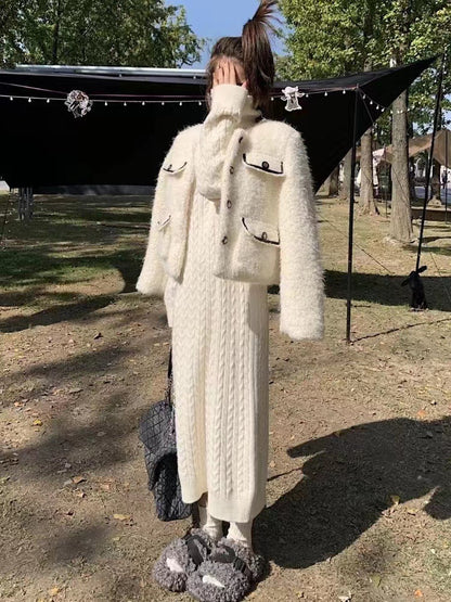 Damen Langkleid Strick Zopfmuster Hochkragen Eveloria