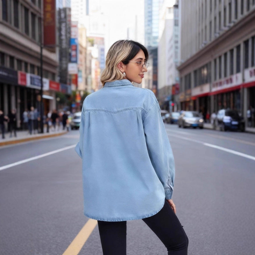Damen Denim Hemdbluse mit Brusttaschen Blau Eveloria