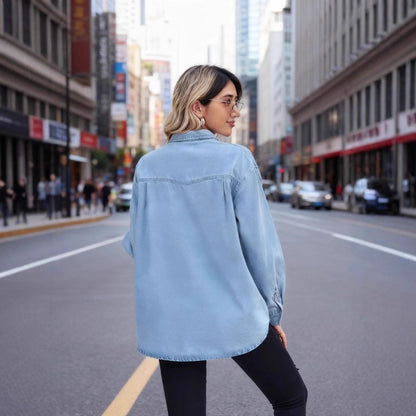 Damen Denim Hemdbluse mit Brusttaschen Blau Eveloria