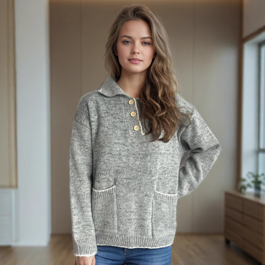 Damen Strickpullover Lässig Knöpfe Taschen Beige