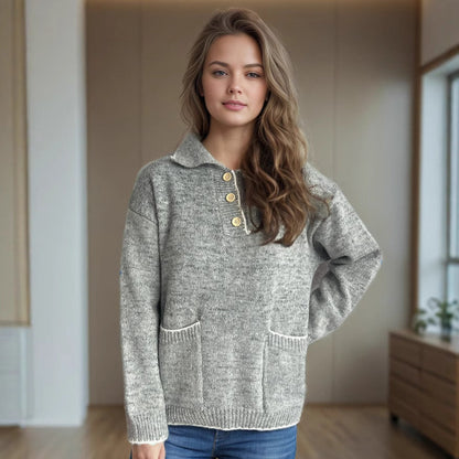 Damen Strickpullover Lässig Knöpfe Taschen Beige
