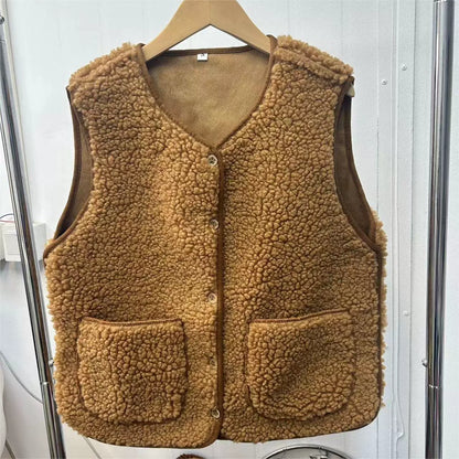 Damen Teddyweste Relaxed Fit V-Ausschnitt mit Knöpfen und Taschen - Eveloria