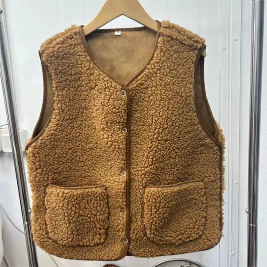 Damen Teddyweste Relaxed Fit V-Ausschnitt mit Knöpfen und Taschen - Eveloria