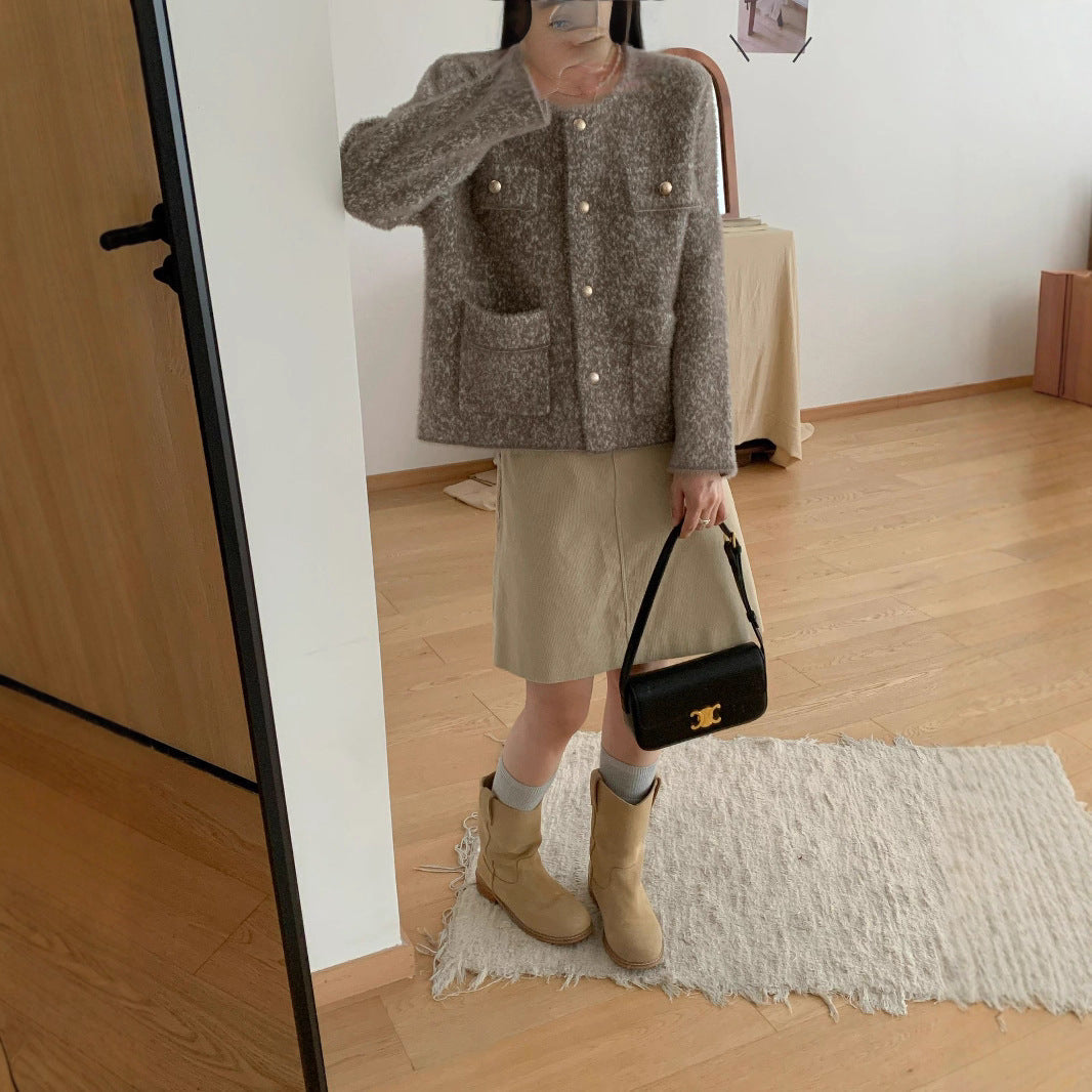 Damen Strickjacke Kuschelig Knöpfe Taschen Beige