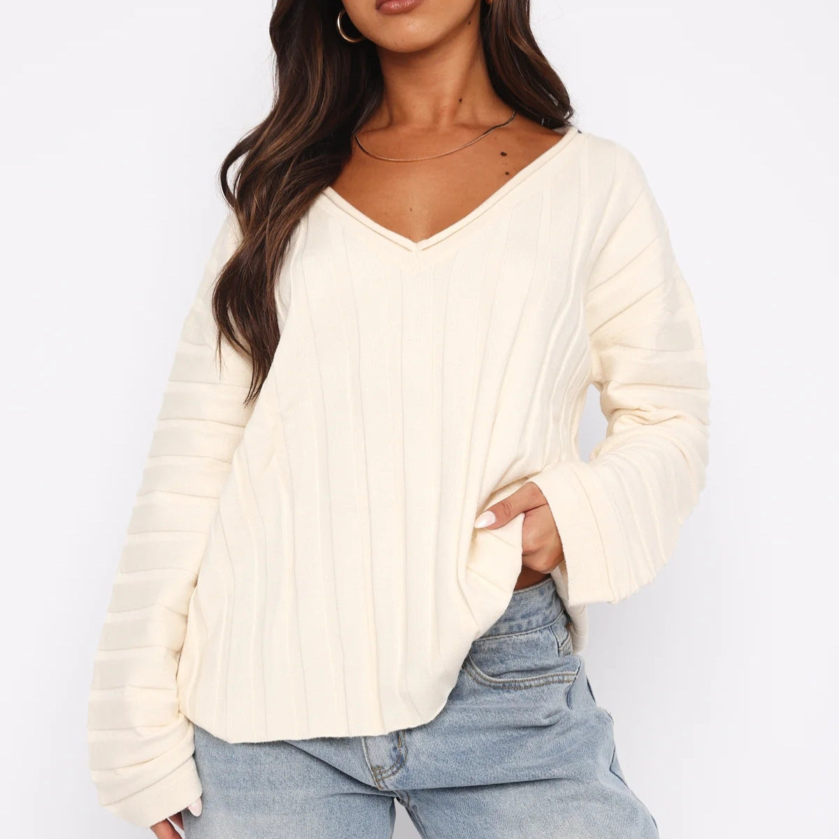 Damen Strickpullover V-Ausschnitt Rippenstruktur Eveloria