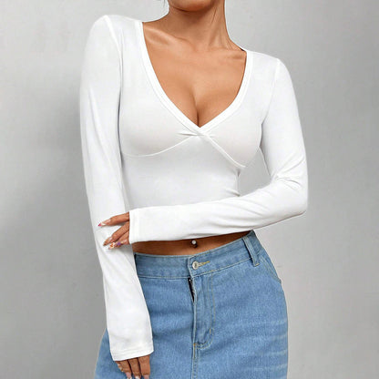 Damen Crop- Kurzärmelig V-Ausschnitt Wickel-Design Elegant