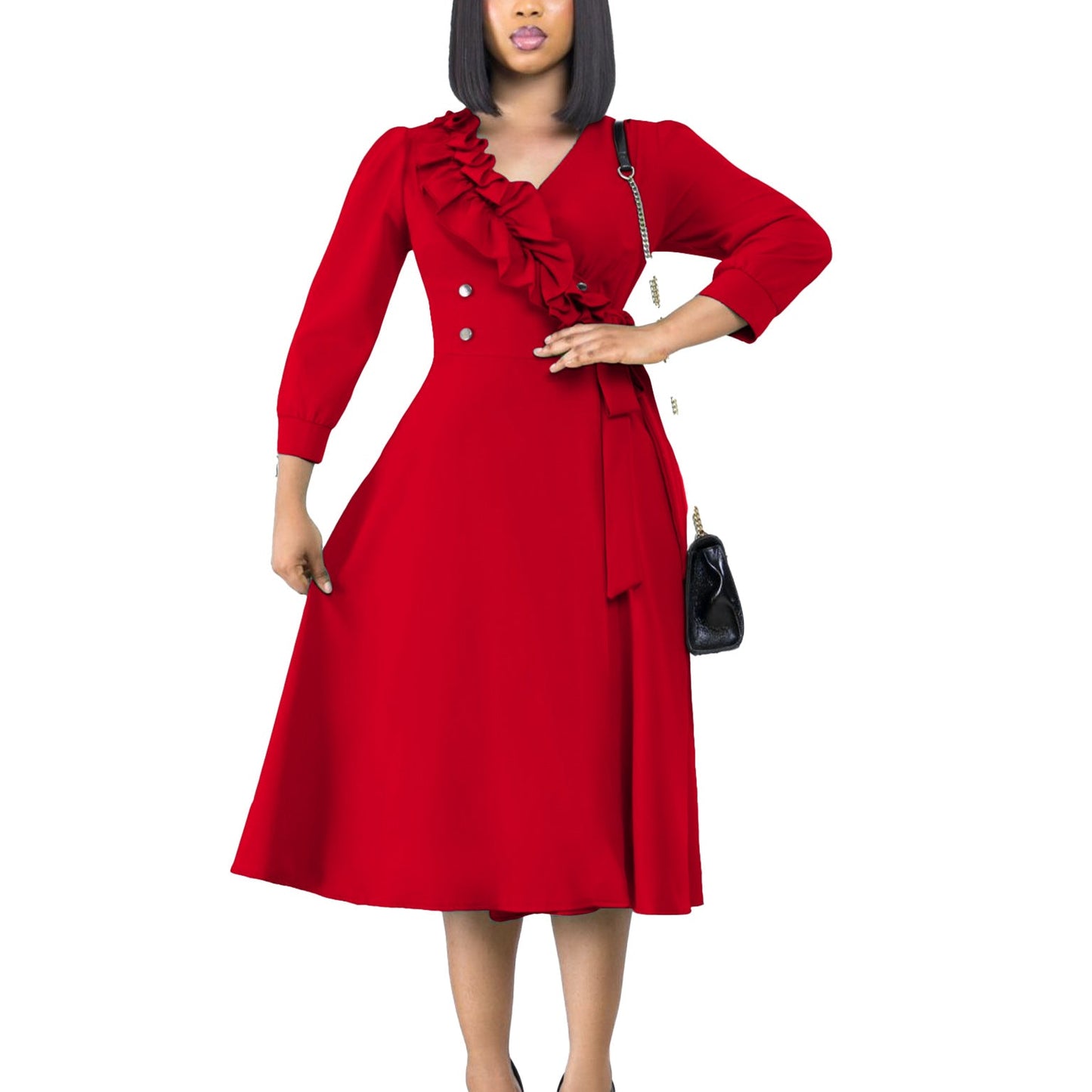 Damen Midikleid Elegantes Rüschendetail Taillierte Silhouette Eveloria
